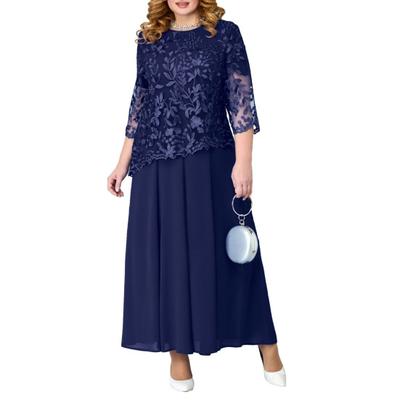 Women Dress Flower Embroidery See-through Lace Three Quarter Sleeve O Neck Fake Two-piece Loose Solid Color Plus Size Elegant Maxi Dress