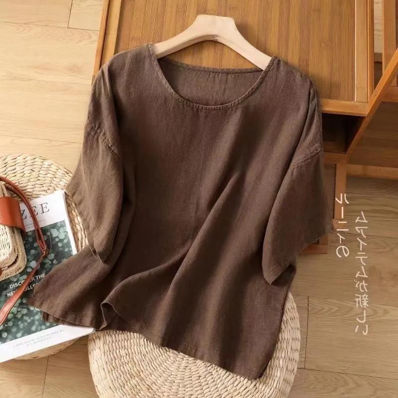 Women's Linen Oversized Short-Sleeve Top Loose Fit Solid Color Casual Blouse
