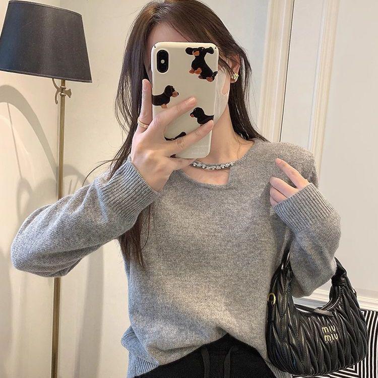 

Французский шерстяной вязаный свитер с ажурным узором: Повседневный, Приталенный Зимний Пуловер с Длинным Рукавом One Size серый