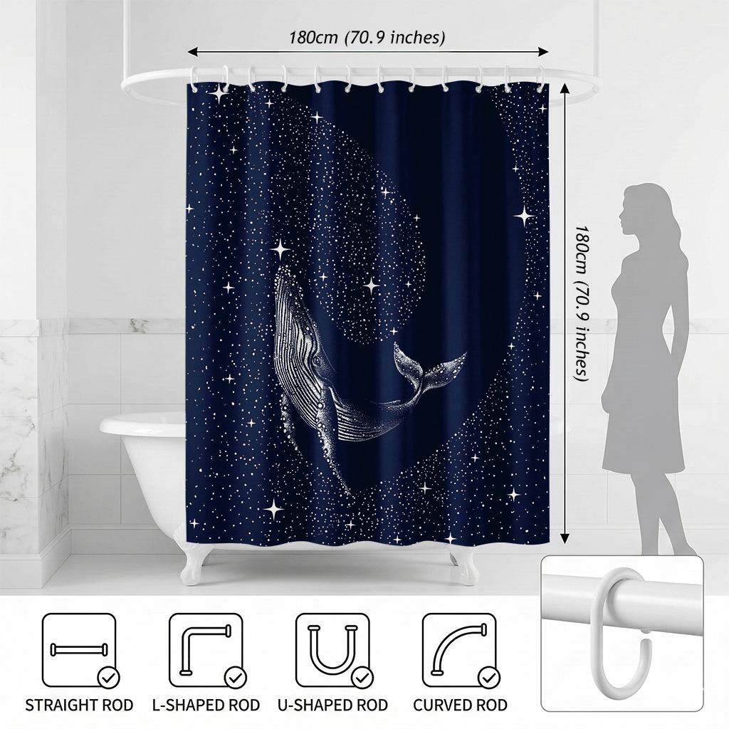 Celestial Humpback Whale Shower Curtain, Deep Blue Night Sky & Stars, Fantasy Ocean Art Minimalist Bathroom Decor