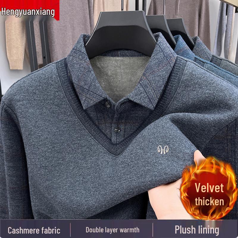 Hengyuanxiang Men's Pure Cashmere Two-Piece Look Thickened Winter Sweater