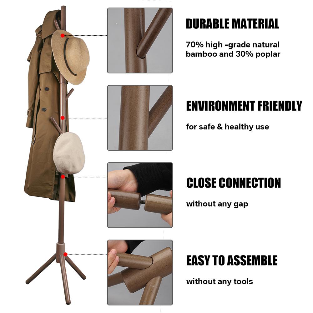 Coat Rack Sturdy Natural Bamboo Adjustable Floor Standing Bag Hats Hanger with 8 Hooks for Home/Bedroom/Office/Hallway/Entryway