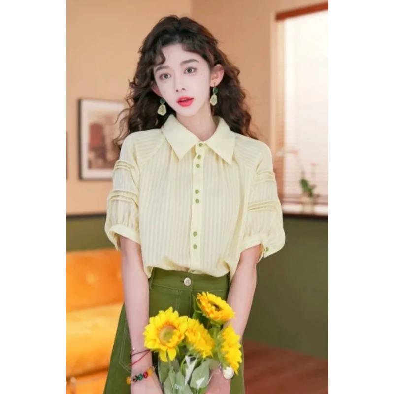 

Women Summer Striped Puff Sleeve Button Down Casual Loose Blouse M жёлтый