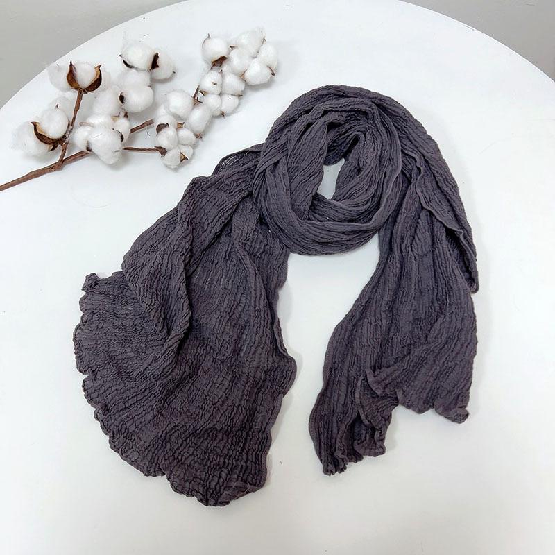 Thin Ramie Pleated Scarf Narrow Slender Cotton And Linen Japanese Literary And Artistic Solid Color Summer Neck Protection Small Shawl