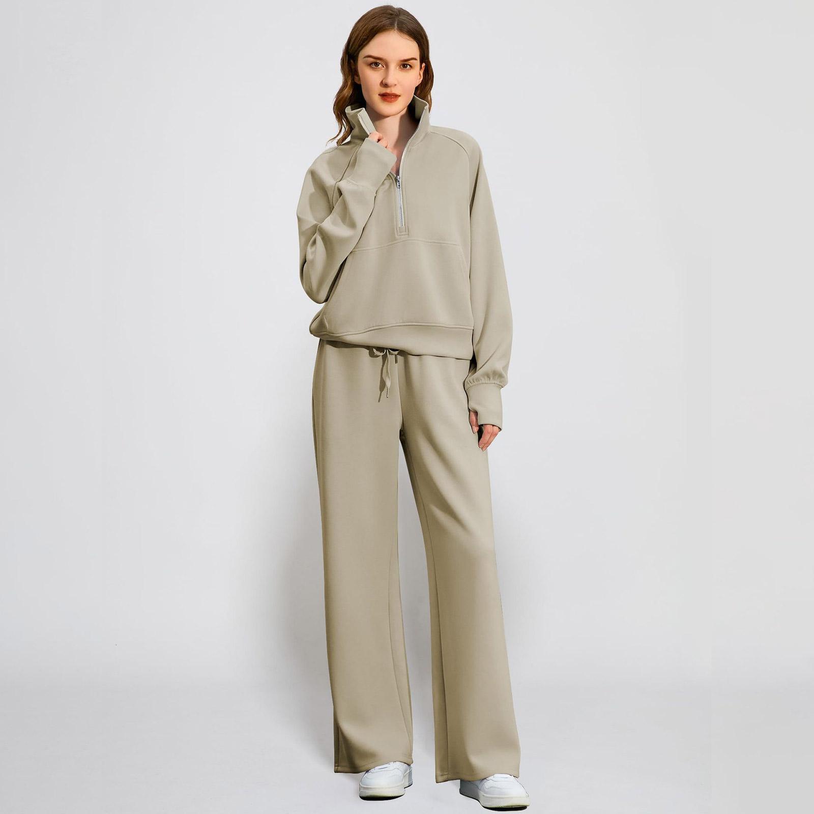 

Fashionable Women s Two-piece Zipper Sweatshirt Wide-leg Sweatpants Casual Suit S хаки