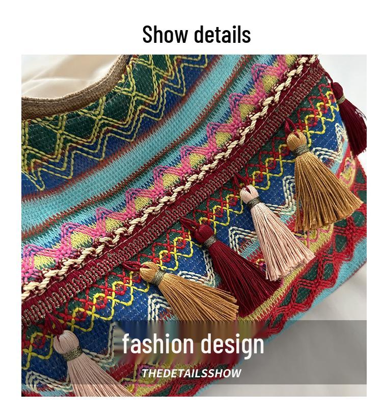 2025 Fashion Ethnic Tassel Canvas Shoulder Crossbody Tote - Large Capacity