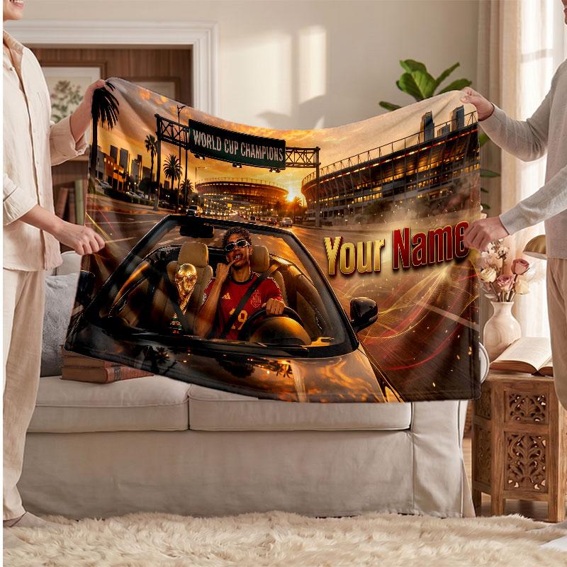 Coperta in pile personalizzata Lamine Yamal con logo del calcio, testo con nome personalizzato, morbida, calda, coperta da divano per la casa
