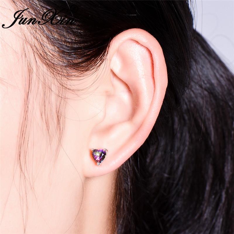 Girls Cute Heart Stud Earrings For Women White Gold Color Brilliant White Zircon Blue Purple Austrian Crystal Wedding Studs Cz