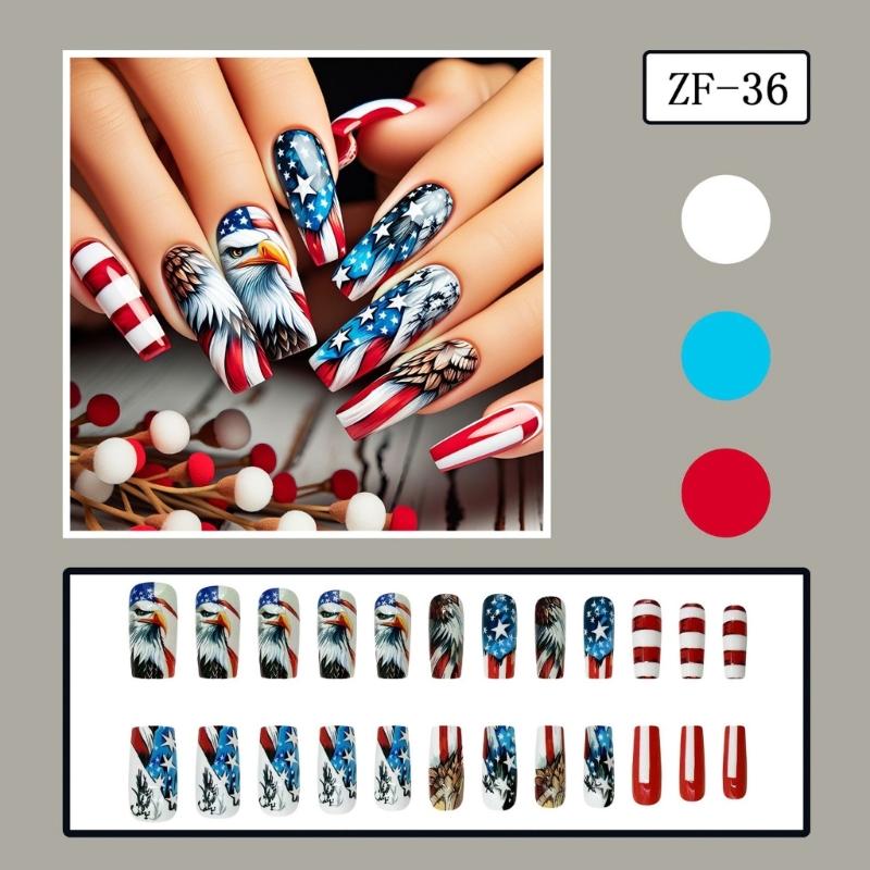 Striped Press on Nail Cartoon Nail Tips 24pcs Acrylic False Nail For Independence Day Parties And Festive Event
