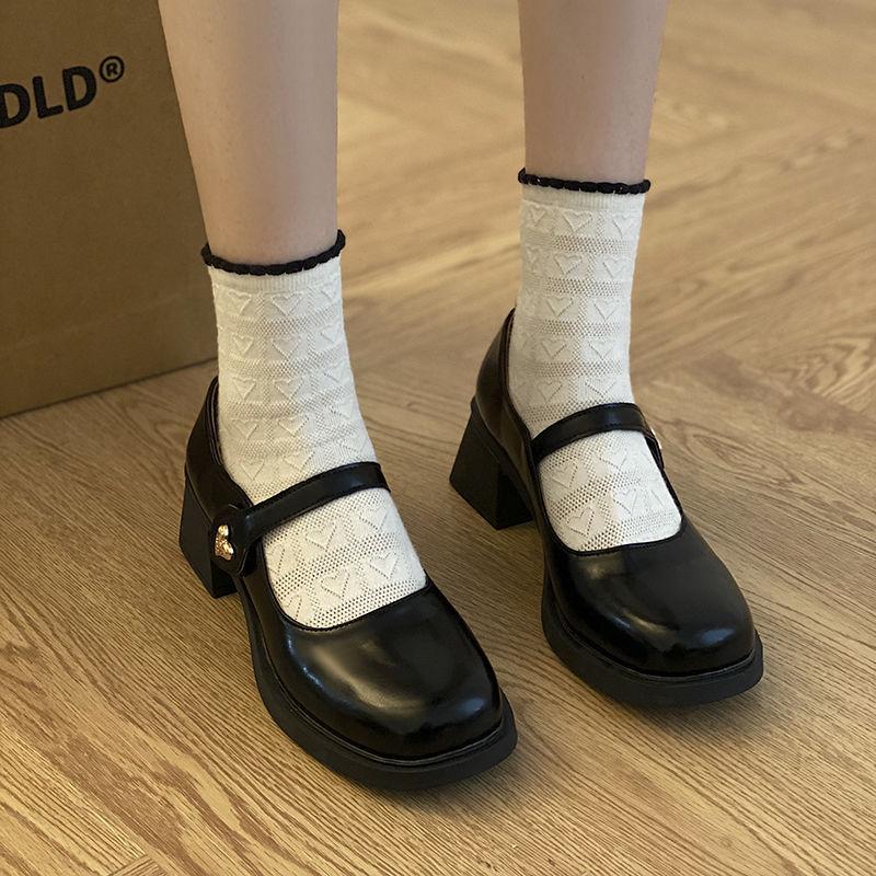 2025 new JK small leather shoes women's thick heel with one-word buckle late evening wind high heel single shoes French Mary Jane shoes