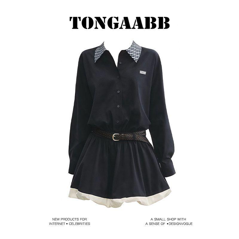 

Tongaabb [in Stock] Plaid Lapel Long sleeve dress Early Autumn Preppy Waist Hugging Buds Shirts Short dress Navy Blue S