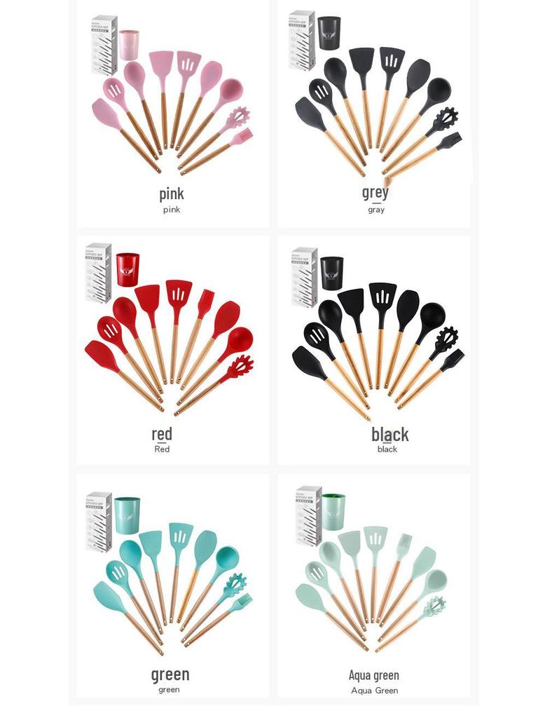 12-Piece Silicone Kitchen Utensil Set with Wooden Handles - Includes Spatula, Slotted Spoon, Frying Spatula, and Baking Tools