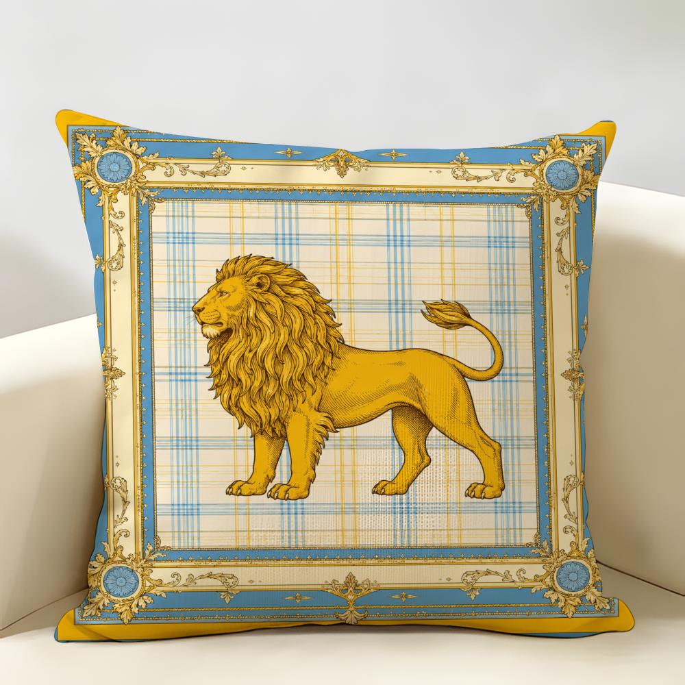 Luxury Vintage Horse Lion Cushion Cover Durable Hypoallergenic Organic Linen Pillow Cover Short Size Washable Skin-Friendly