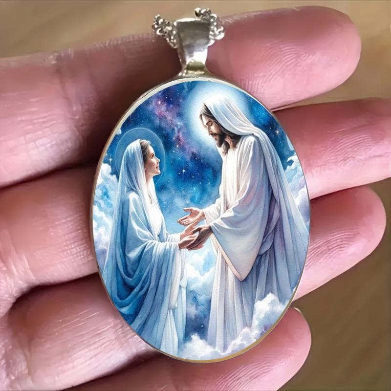 Jesus Meeting The Virgin Mary, A Time-Honored Gemstone Glass Pendant Necklace, Suitable For Both Men And Women