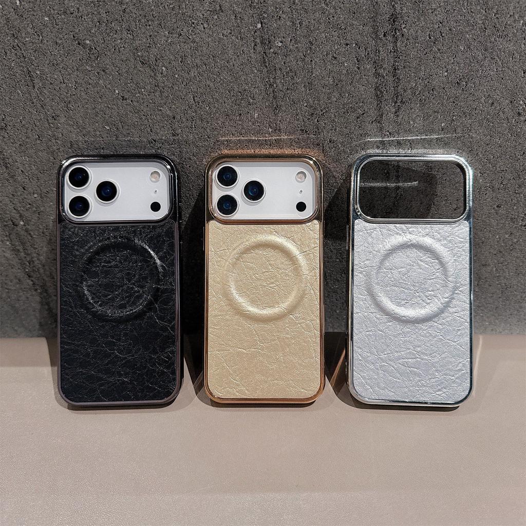 For iPhone 17 Pro Max Magnetic Case Electroplated Crackle Litchi Texture PU TPU PC Phone Back Cover