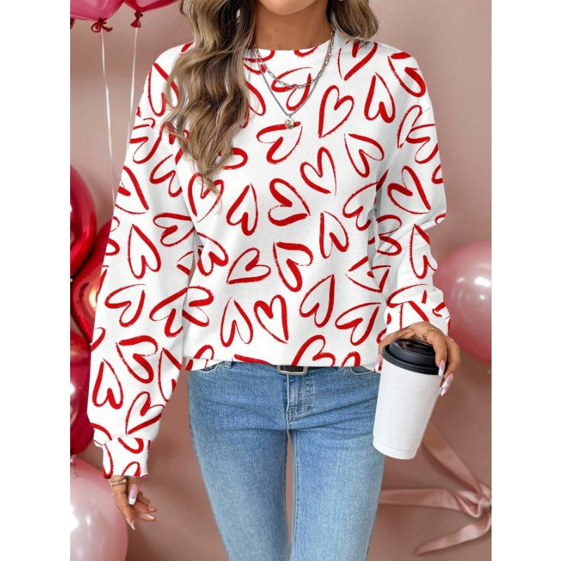 Women's Heart-Shaped Red And White Print Sweatshirt,Casual Autumn Loose Fit Crew Neck Long Sleeve Pullover For Date,Vintage Commute Style