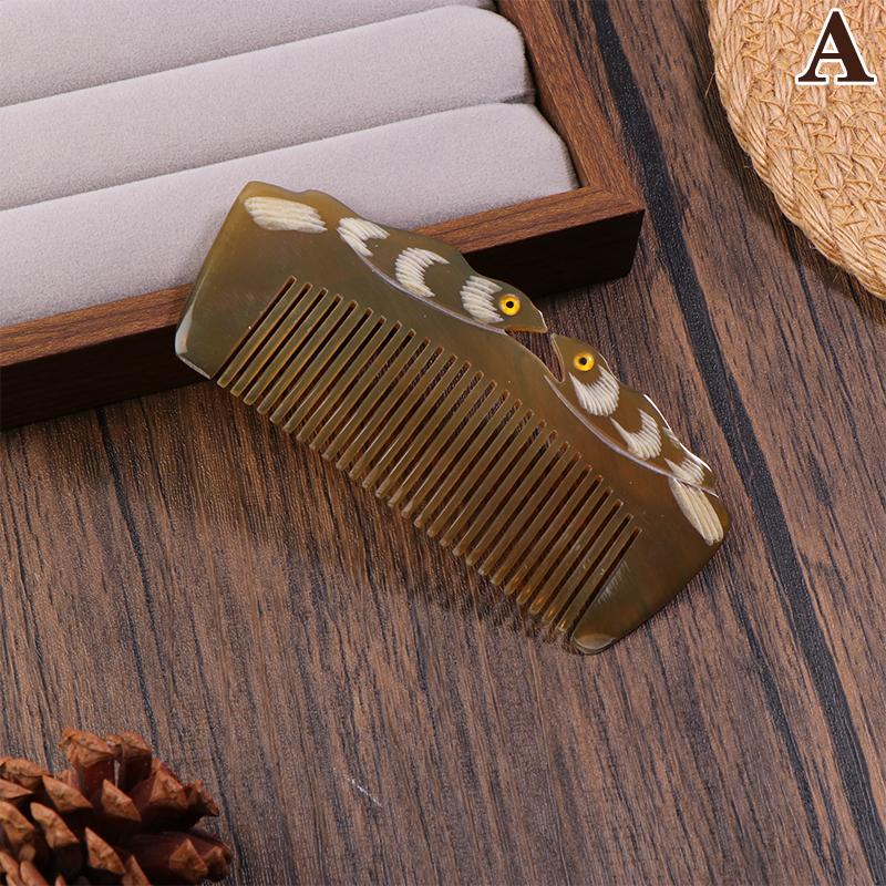 Natural Ox Horn Comb Anti Static Buffalo Combs Mandarin Duck Phoenix Carving Professional Detangling Massage Fine Tooth Comb