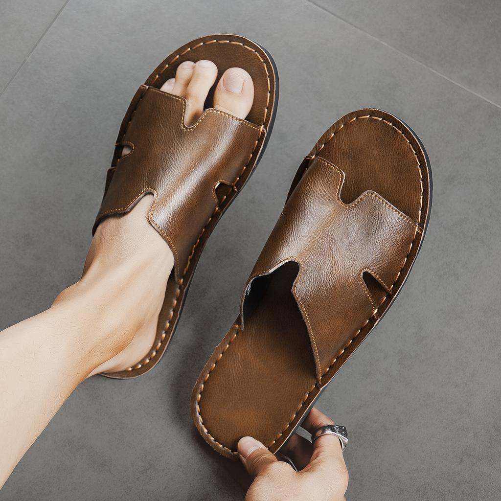 Summer Men's Leather Slippers Casual Beach Sandals Comfortable Non-Slip Mules Sandals for Men