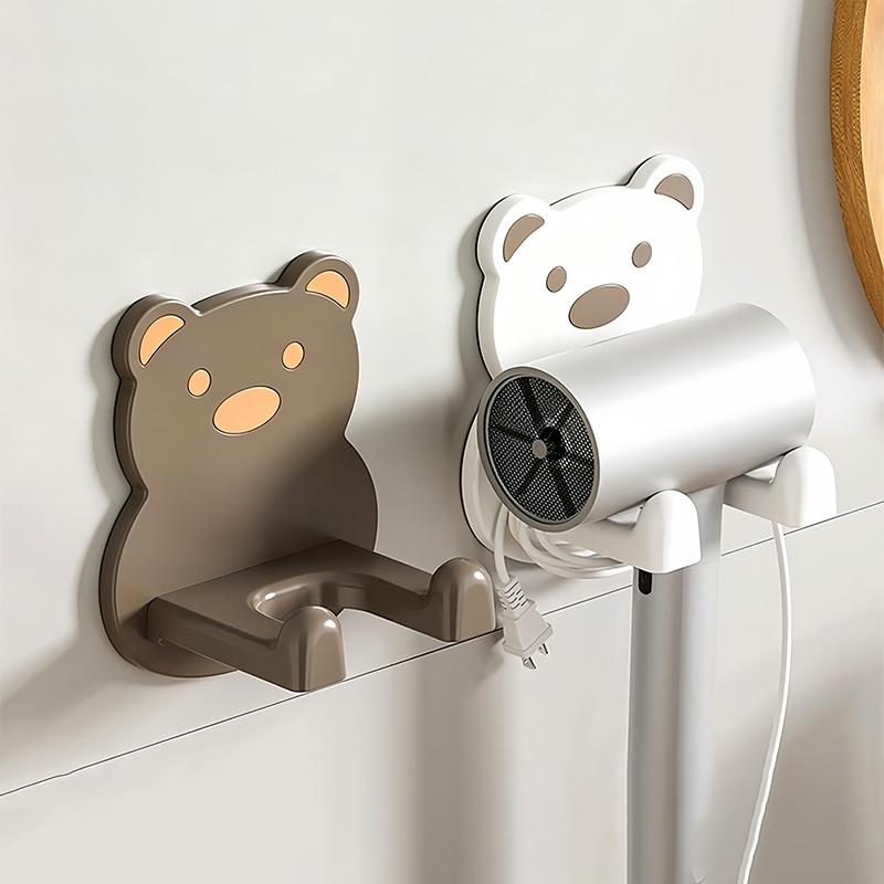 Little Bear Hair Dryer Holder Easy Install Wall-Mounted No-Drill Bathroom Organizer For Electric Blow Dryers