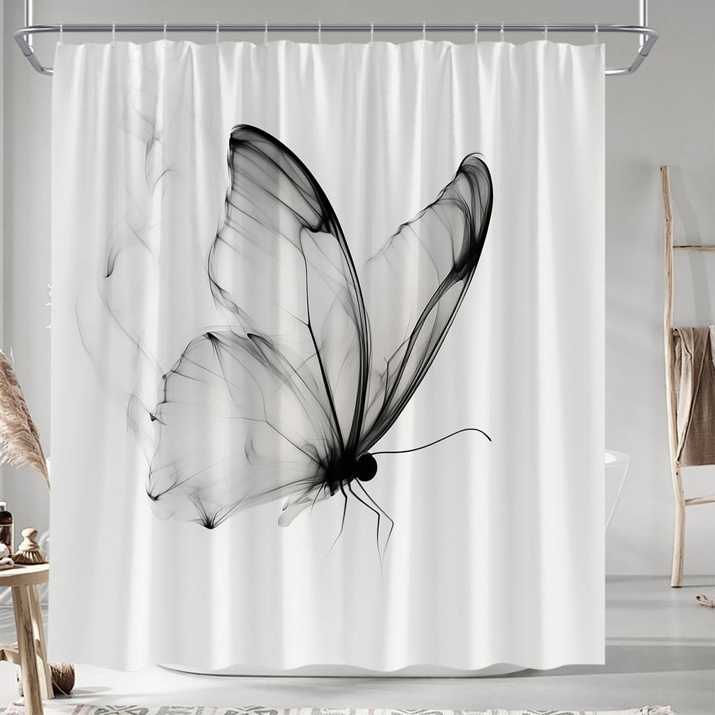 1 piece of elegant butterfly shower curtain, machine washable polyester fabric, with hooks, stylish transparent design