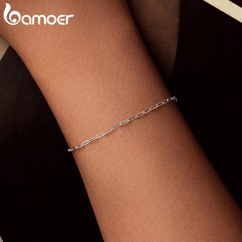 BAMOER Solid 925 Silver Square Chain Bracelets for Women, White Gold Plated Handmade Basic Bracelets Birthday Gift