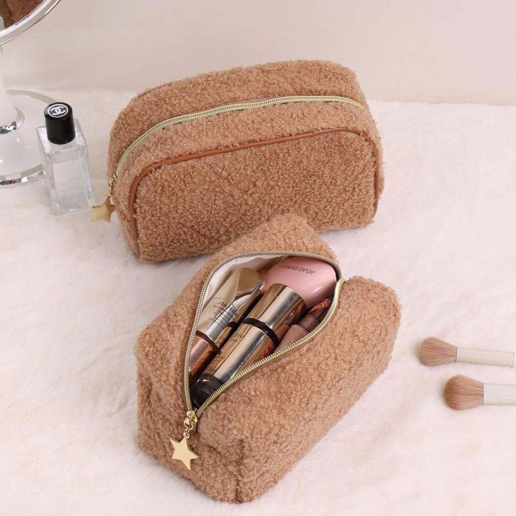 Portable Travel Fur Cosmetic Bag High Value Plush Storage Bag Handheld Bag Simple Style Stationery Pencil Case