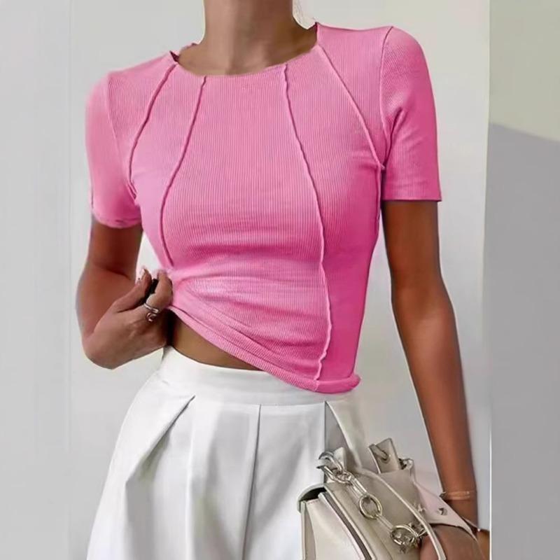T-shirt da donna monocolore con spacco sul petto e scollo rotondo Un nuovo top estivo aderente