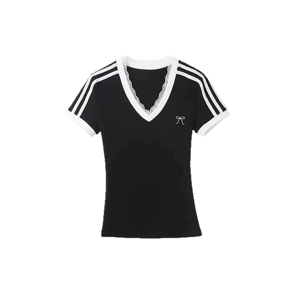 Korean black lace V-neck short-sleeved T-shirt women s summer new front shoulder stripes slim-fitting and thin top trendy S