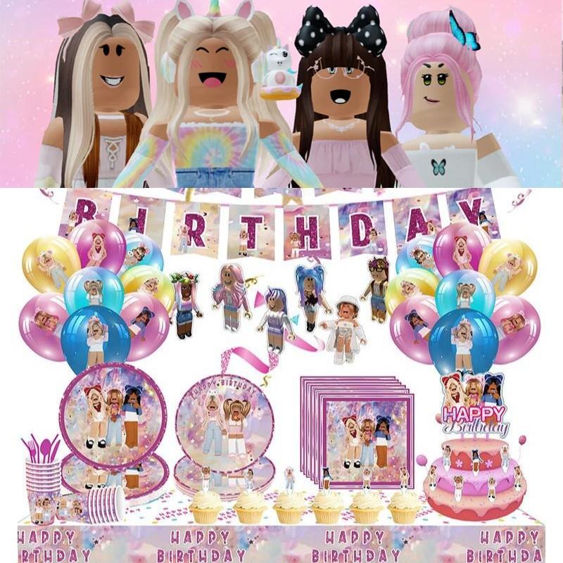 Pink Girl Gaming Theme Kids Birthday Party Tableware Set Roblox Girl Decorations Supplies