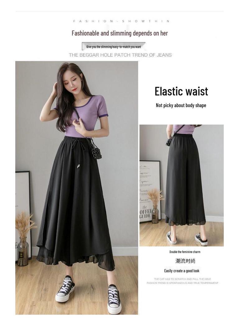Chiffon High-Waisted Black Wide-Leg Cropped Pants for Women - Korean Style, Loose Fit, Slimming.