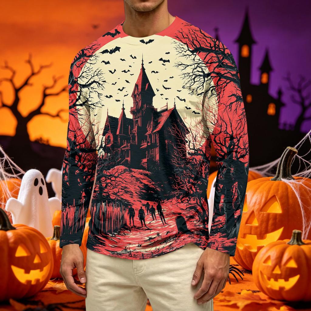 Men's Casual Long Sleeve T Shirt Crew Neck Halloween Pumpkin Print Lightweight Comfortable Fit Top for Everyday Wear