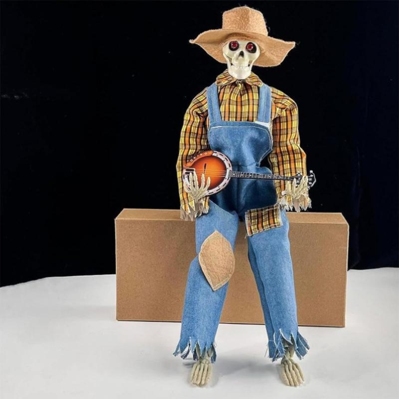 Halloween Banjo Playing Skeletons Decorations Outdoor/Indoor Halloween Party Decors Animated Skull with Light Up eye