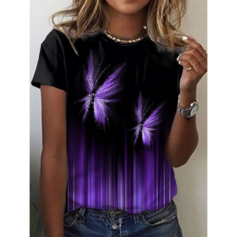 Women's Black Purple Butterfly Print Short Sleeve T-Shirt Casual Graphic Top