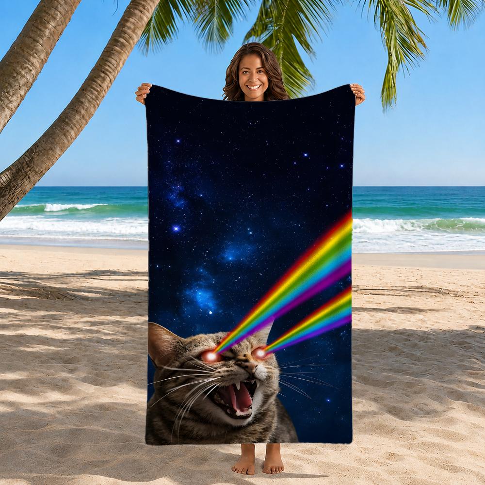 Art Laser Eyes Funny Cat Towel Polyester Beach Towel Quick Dry Sand Free Bath Towel for Summer Pool Travel Vacation
