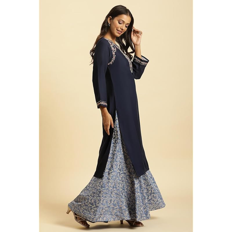 W Blue Floral Printed Zari Straight Long Kurta for Women XS синий