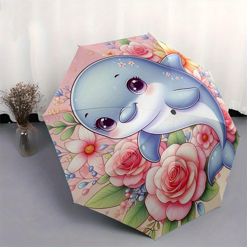 Dolphin,Flowers Automatic Folding Umbrella  Simple 8 Rib Design, Bright Cartoon Pattern, Durable Iron Frame, Suitable For Travel, Outdoor, B