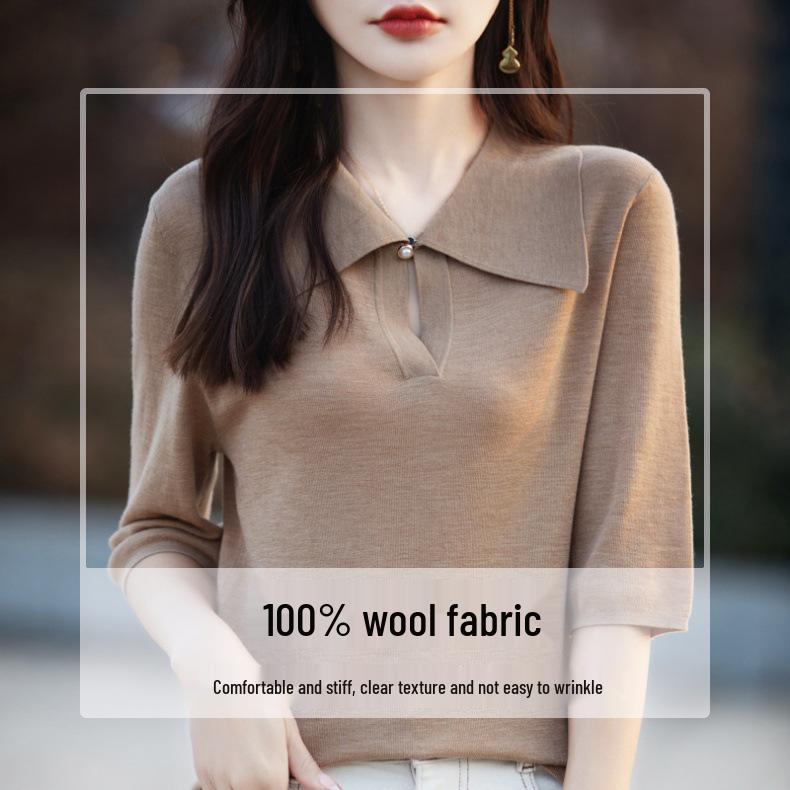 Women's 80s Merino Wool Mid-Sleeve Sweater – Thin, Loose, Turn-Down Collar Top