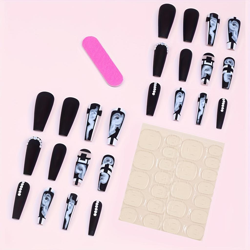 24pcs French Black White Plaid Glossy Ballerina Coffin Press On Nails with Rhinestones Decor - Long Length Acrylic All Cover False Nails