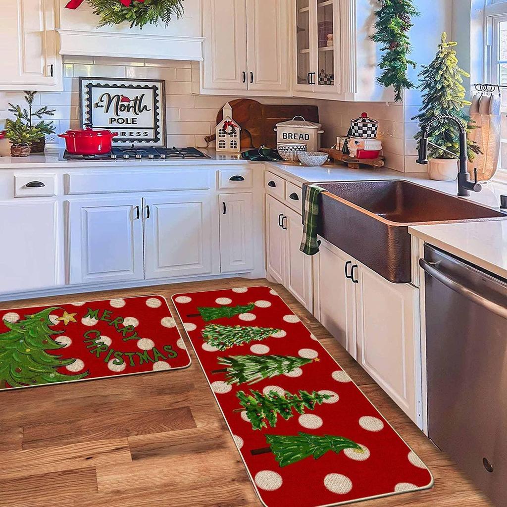 2pcs Christmas Atmosphere Floor Mat Non-slip Stain-resistant Bathroom Mat Kitchen Rug for Holiday Home Decoration