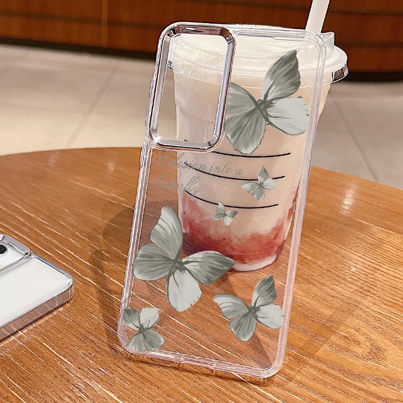 Butterfly Pattern Clear Case For Samsung Galaxy S24 S22 S23 Ultra S21 FE A35 A53 A54 A55 A15 Plating Lens Frame Soft Phone Cover