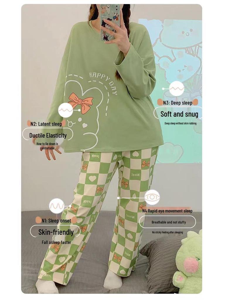 Women's Plus Size Cartoon Pajama Set: Long-Sleeve Spring/Fall Home Wear, Loose Fit, Suitable for Outdoors