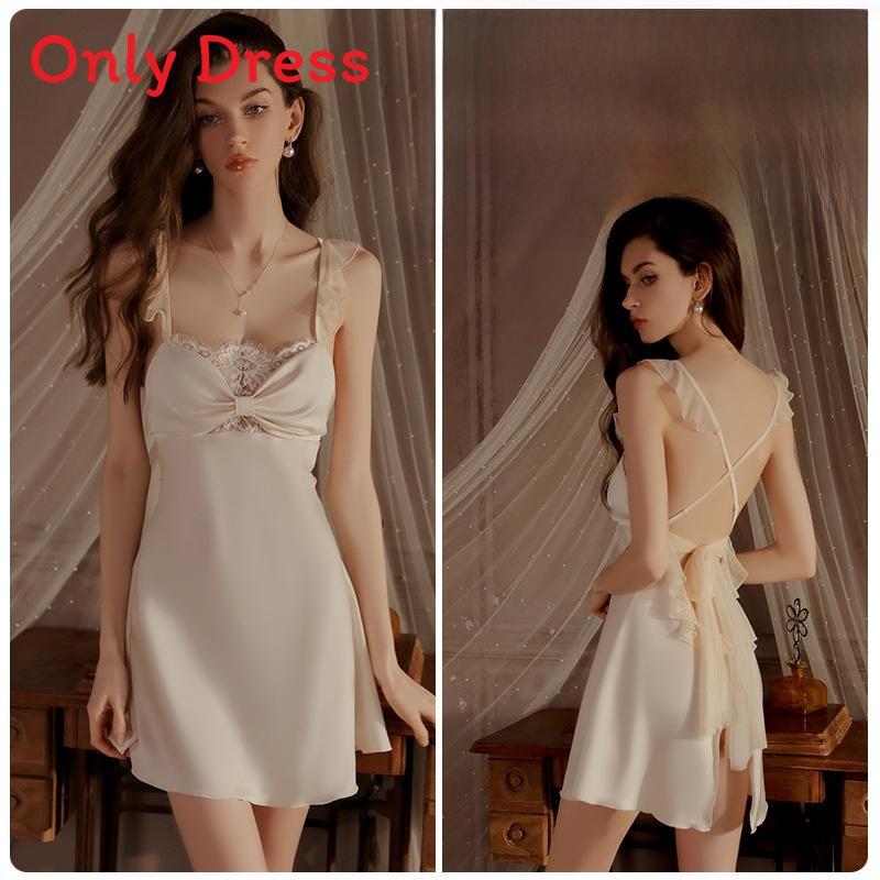Women Satin Sleepwear Set With Lace Splicing And Bow Detail For Home And Hotel Use
