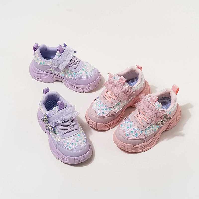 Fashion New Girls' Sports Shoes Anti Slip Soft Sole Sequin Shinny Butterfly Cute Tennis Running Shoes Princess Shoes for Baby Girls