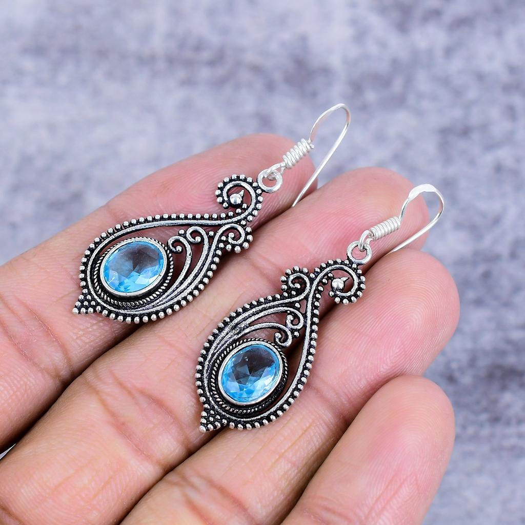 Swiss Blue Topaz Gemstone 925 Sterling Silver Jewelry Earring 2.09" M-2702