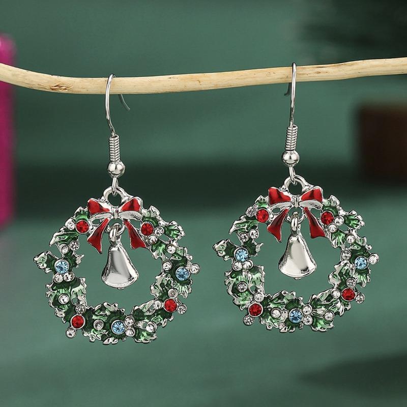 Christmas wreath stud earrings green diamond earrings rhinestone bells ear hooks bow earrings