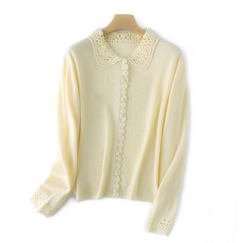 2026 Spring/Autumn Women's Crochet Lace Collar Mercerized Wool Cardigan, Machine Washable Knit Jacket.