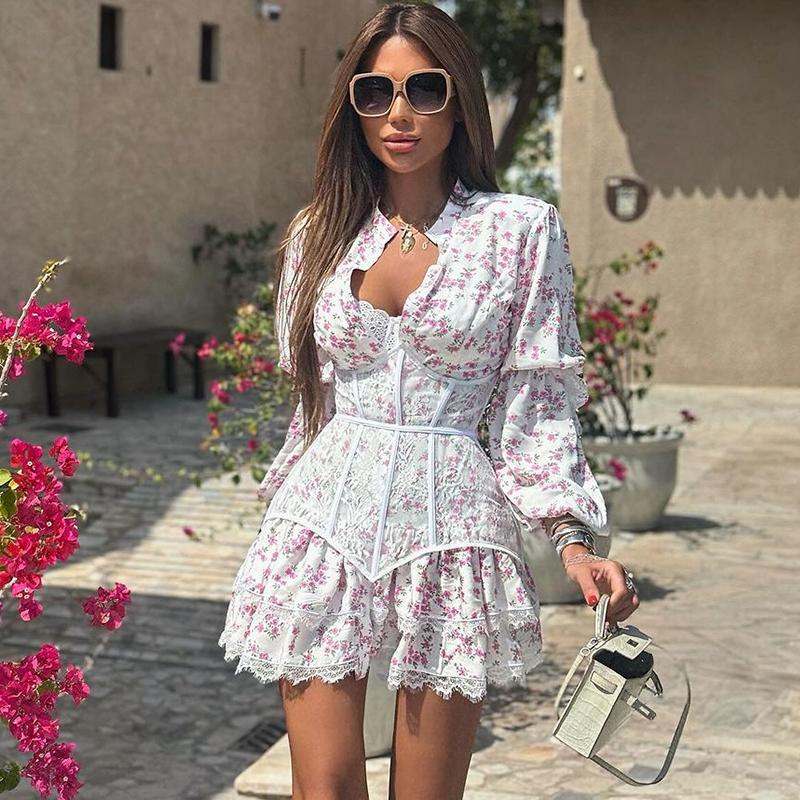Rochie florală cu mânecă lungă, cu decolteu în V adânc, imprimeu, pentru femei, dantelă, mozaic, talie înaltă, mini rochii subțiri, pentru femei, la modă de stradă, la petrecere, rochie elegantă de vacanță