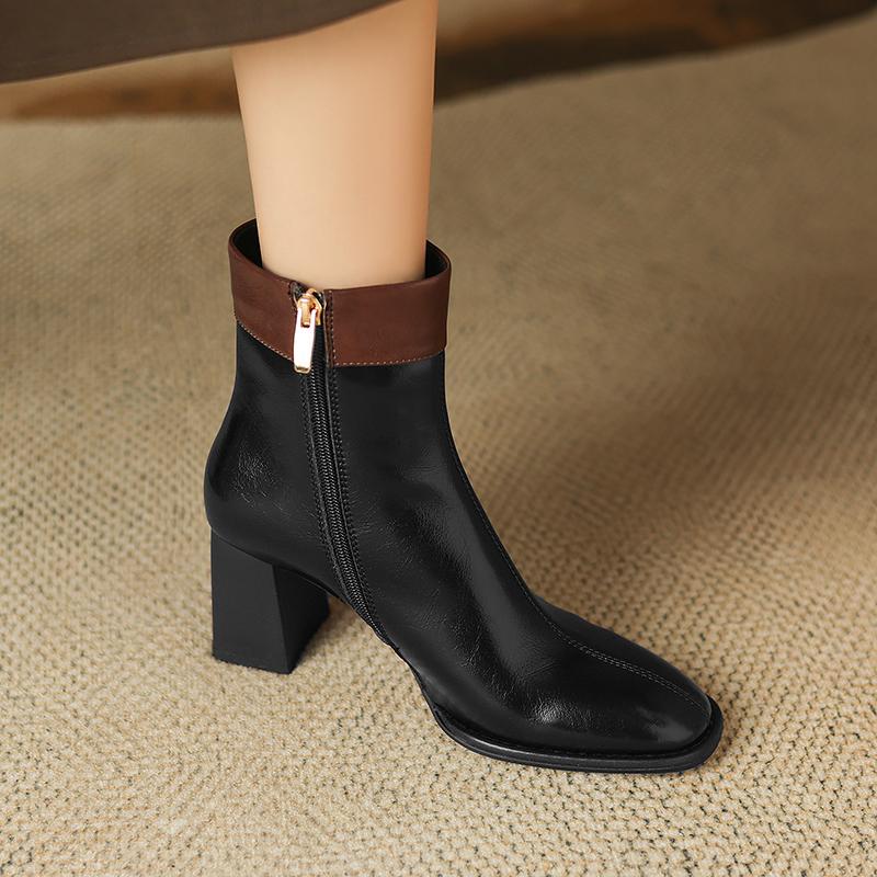 Fashion 2024 Autumn/Winter Women Boots Square Toe High Heel Shoes for Women Black Leather Boots Women Lace Up Handemade Shoes