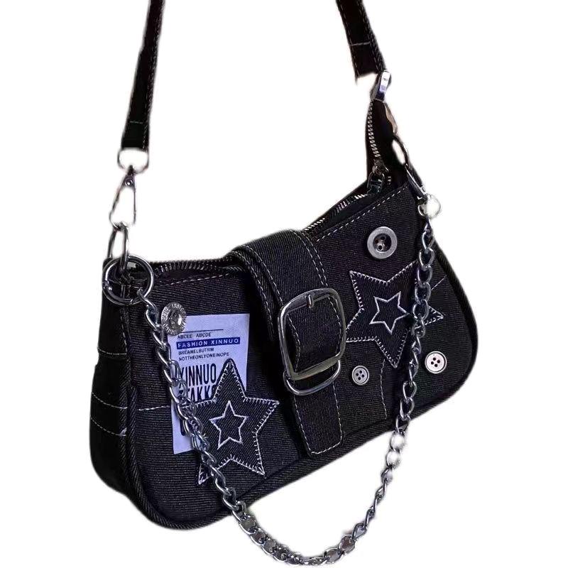 Damenhandtaschen Denim Sterne Muster Cool Girls Y2K Achseltasche Canvas Weiblich Kleine Umhängetaschen Kette Tragetasche
