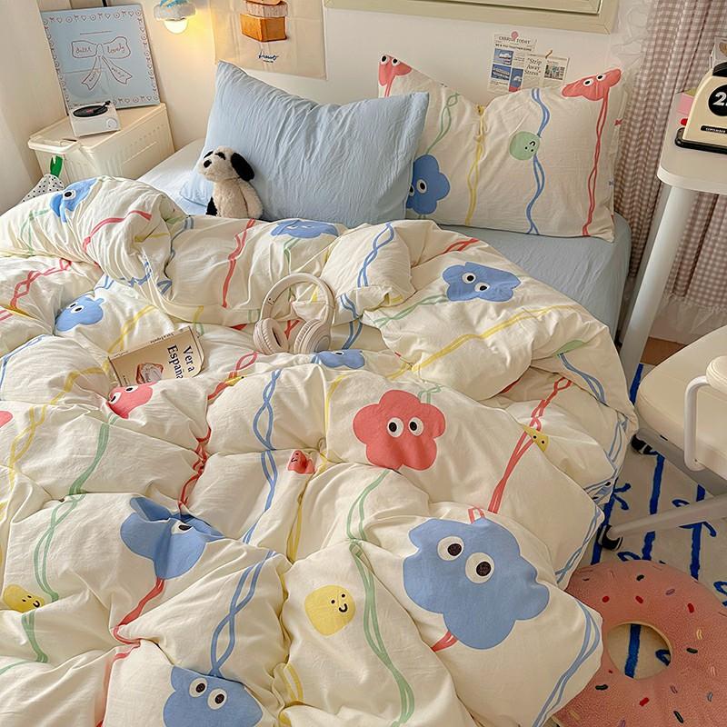 INS Cartoon Pattern Bedding Set For adults kids Fluffy pink lovely Flat Sheet With Pillowcases Colorful King Queen Full size